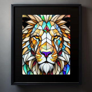 Poster Aquarelle Style de verre coloré Lion 5:4