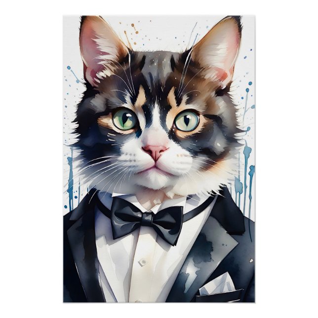 Poster Aquarelle Tabby Cat dans une Cravate Tuxedo et Bla (Devant)