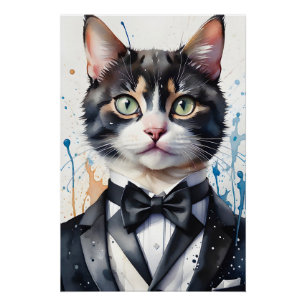 Poster Aquarelle Tabby Chat dans le gilet Tuxedo Cravate 