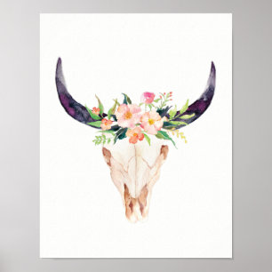 Poster Aquarelle Taureau avec Fleurs roses