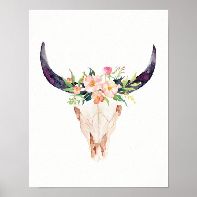 Poster Aquarelle Taureau avec Fleurs roses (Devant)