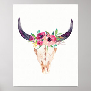 Poster Aquarelle Taureau avec Fleurs violettes et roses