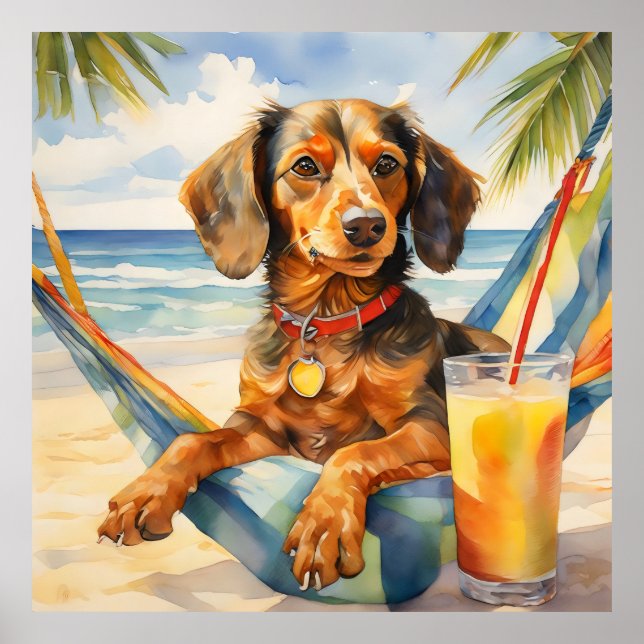 Poster Aquarelle Teckel Chien Boire Piña Colada Beach (Devant)