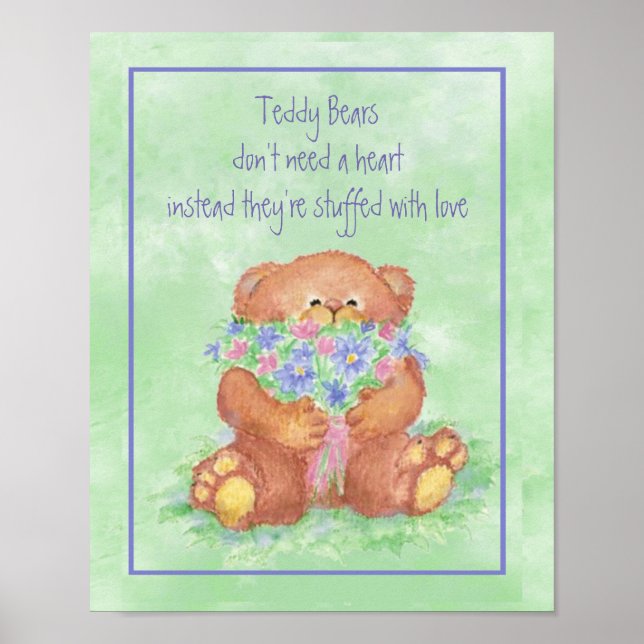Poster Aquarelle Teddy Bear Armful of Flowers Fun Quote (Devant)