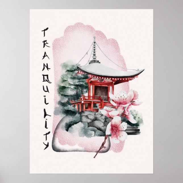 Poster Aquarelle Temple japonais Sakura Blossom (Devant)
