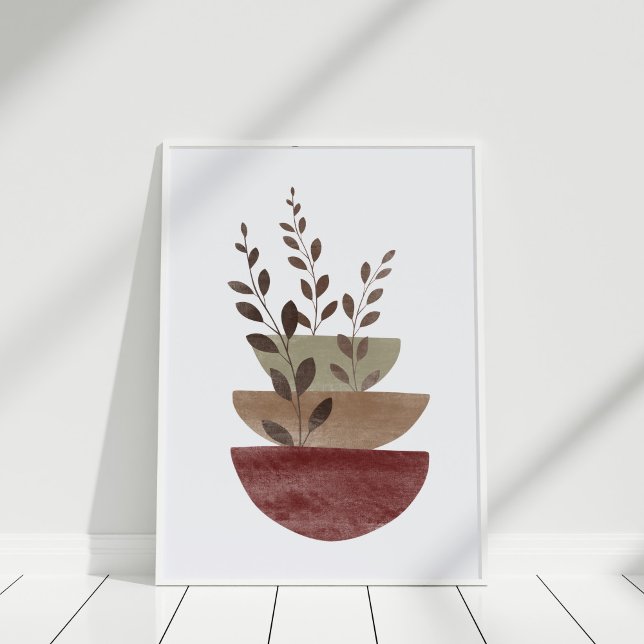 Poster Aquarelle Terracotta Abstraite pots floraux Art (Watercolor Terracotta Abstract Floral Pots Art Poster in white frame  against white wall.)