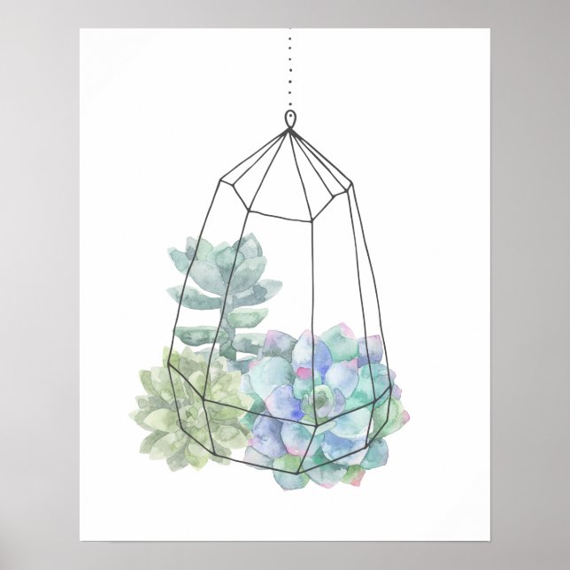 Poster Aquarelle Terrarium Succulent Main tirée (Devant)