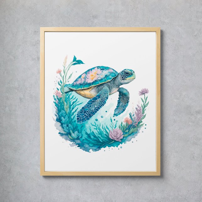 Poster Aquarelle Tortue marine Animal marin (Watercolor Sea Turtle Marine Animal Poster
)
