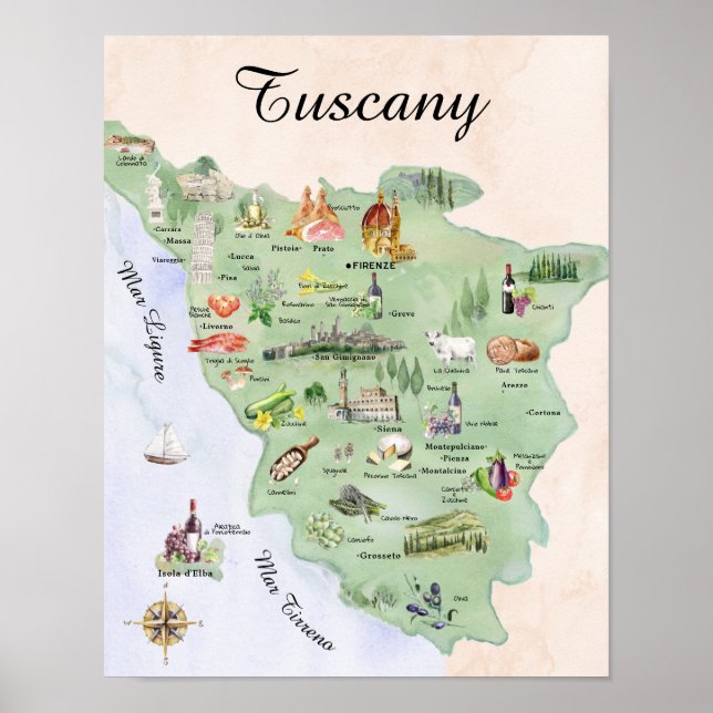 Poster Aquarelle Toscane Alimentation et Carte des sites (Devant)