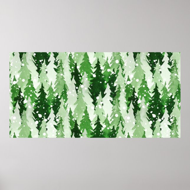 Poster Aquarelle transparente motif avec pins verts  (Devant)