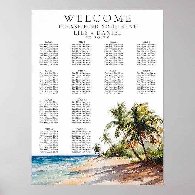 Poster Aquarelle Tropical Beach Mariage Carte de siège (Devant)
