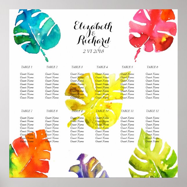 Poster Aquarelle Tropical Feuilles mariages (Devant)