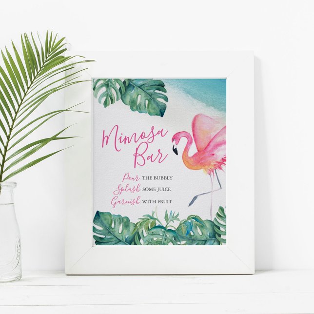 Poster Aquarelle Tropical Mimosa Bar (Tropical mimosa bar sign watercolor pink flamingo & palm leaf by Victoria Grigaliunas DoTellABelle)