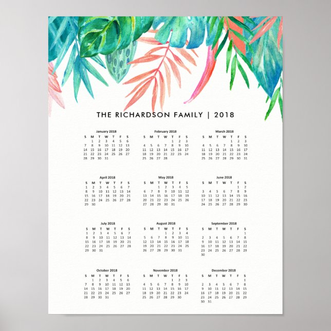 Poster Aquarelle Tropical tendance | Calendrier 2018 (Devant)