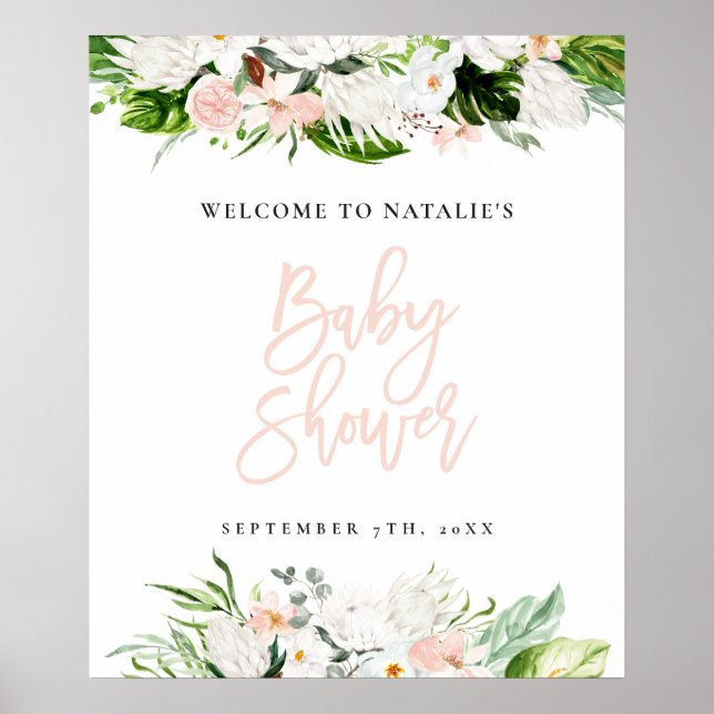 Poster Aquarelle tropicale baby shower fleuri accueil (Devant)