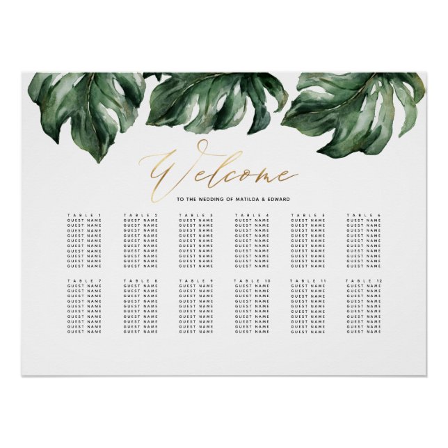 Poster Aquarelle tropicale et dorée mariage plan (Devant)