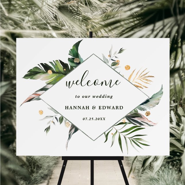 Poster Aquarelle tropicale Feuillage Vert Mariage Bienven (Créateur téléchargé)