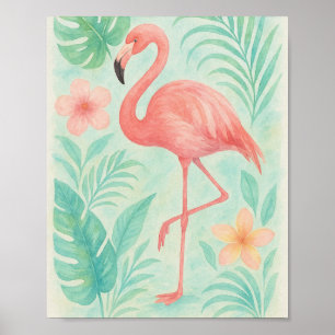 Poster Aquarelle tropicale Flamant rose rose Botanique