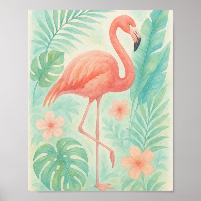 Poster Aquarelle tropicale Flamant rose rose | Botanique  (Devant)
