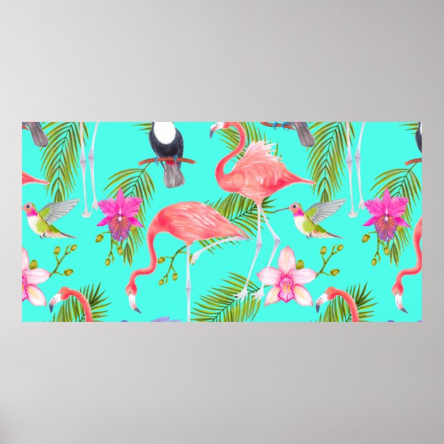 Poster Aquarelle tropicale oiseaux sans couture motif (Devant)