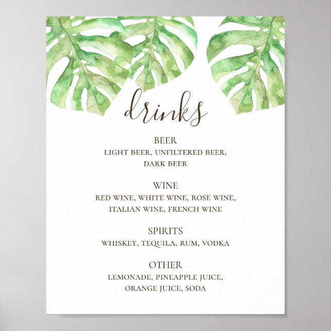 Poster Aquarelle tropicale verdure mariage boissons bar (Devant)