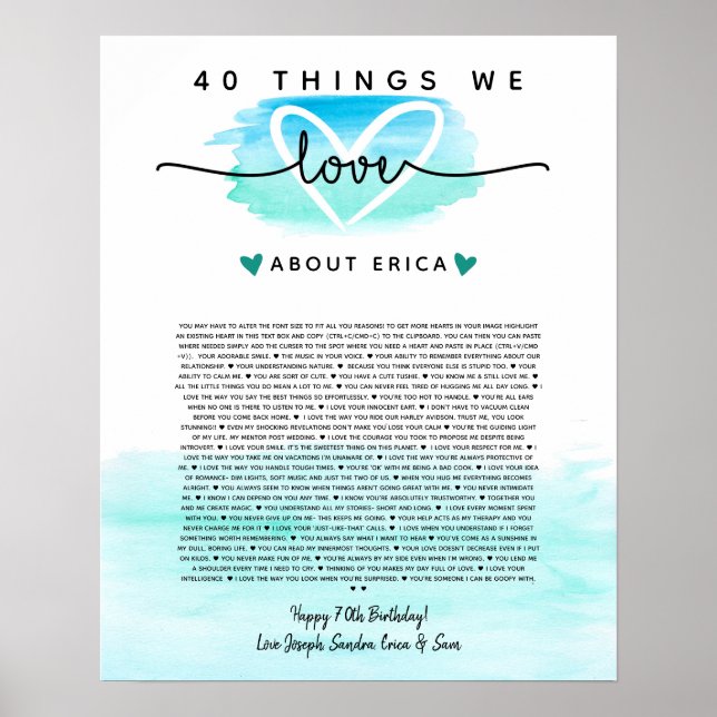 Poster Aquarelle turquoise et bleue 40 raisons nous vous  (Devant)