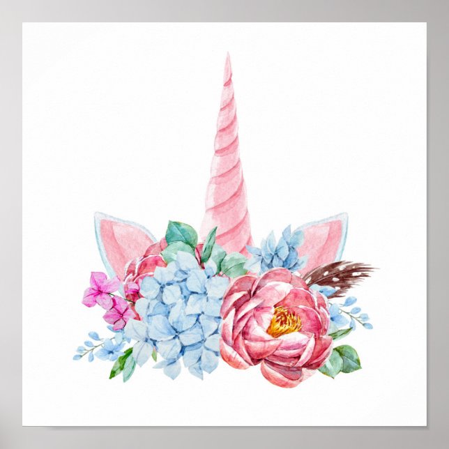 Poster Aquarelle Unicorn Couronne florale (Devant)