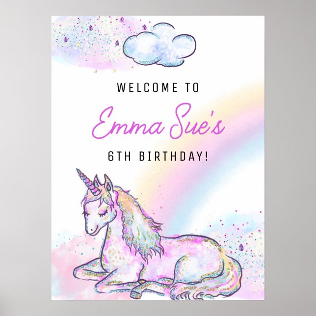 Poster Aquarelle Unicorn Jour magique Fille Anniversaire (Devant)