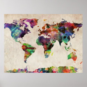 Poster Aquarelle urbaine de carte du monde