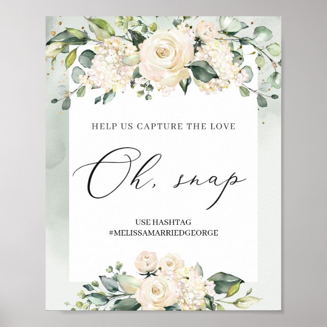 Poster Aquarelle verdure blanc roses feuillage oh snap (Devant)