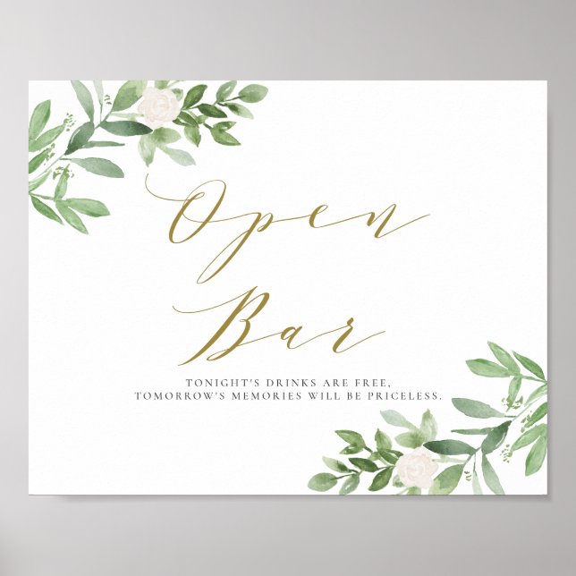 Poster Aquarelle Verdure et Fleurs blanches Open Bar (Devant)