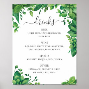 Poster Aquarelle verdure feuillage menu boissons mariage