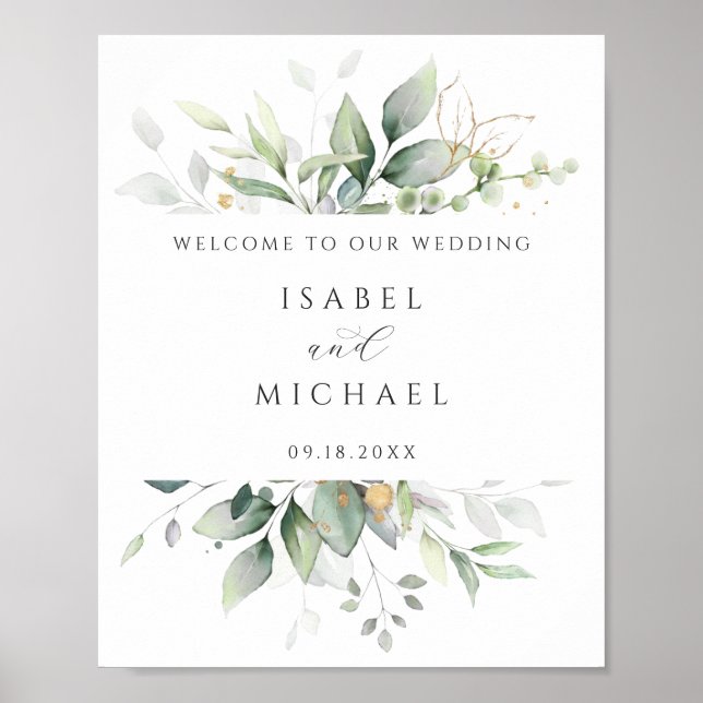 Poster Aquarelle Verdure or Feuilles Mariages Bienvenue (Devant)