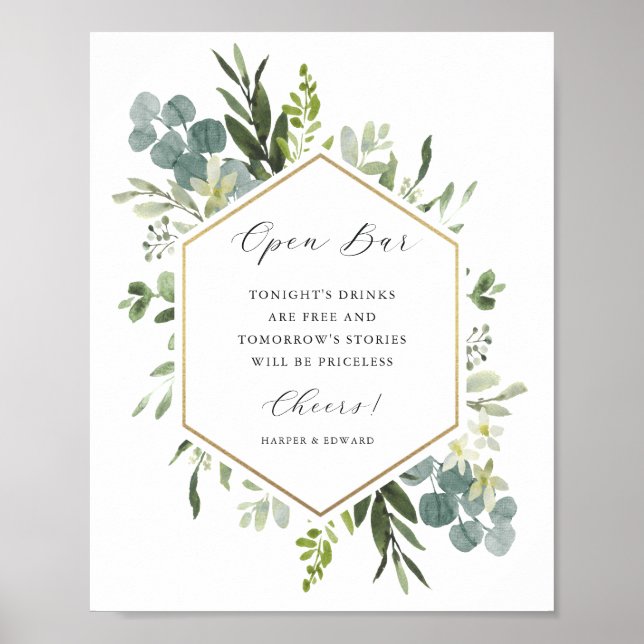 Poster Aquarelle Verdure Or Hexagon Open Bar Sign (Devant)
