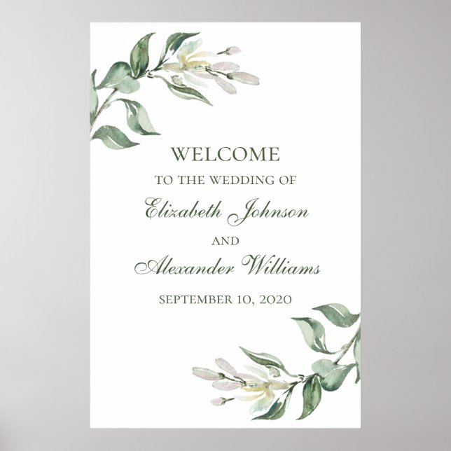 Poster Aquarelle vert fleurie signe mariage de bienvenue (Devant)