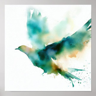 Poster Aquarelle vert oiseau dans l'affiche d'art en vol