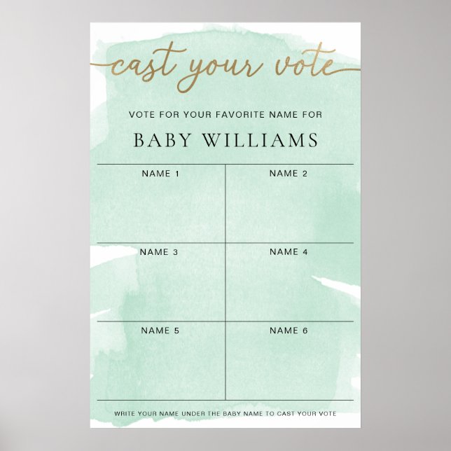 Poster Aquarelle verte Publiez Votre Vote Nom Du Bébé Vot (Devant)