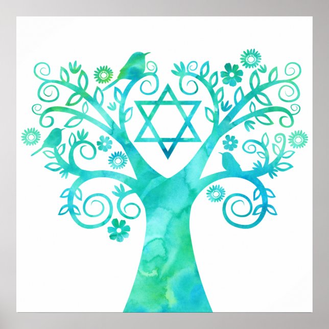 Poster Aquarelle verte turquoise Arbre de vie (CUSTOM 24x (Devant)