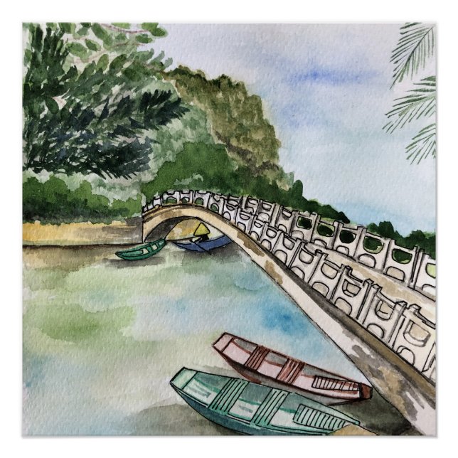 Poster Aquarelle, Vietnam, paysage de la province de Ninh (Devant)