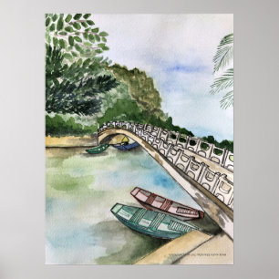 Poster Aquarelle, Vietnam, paysage de la province de Ninh
