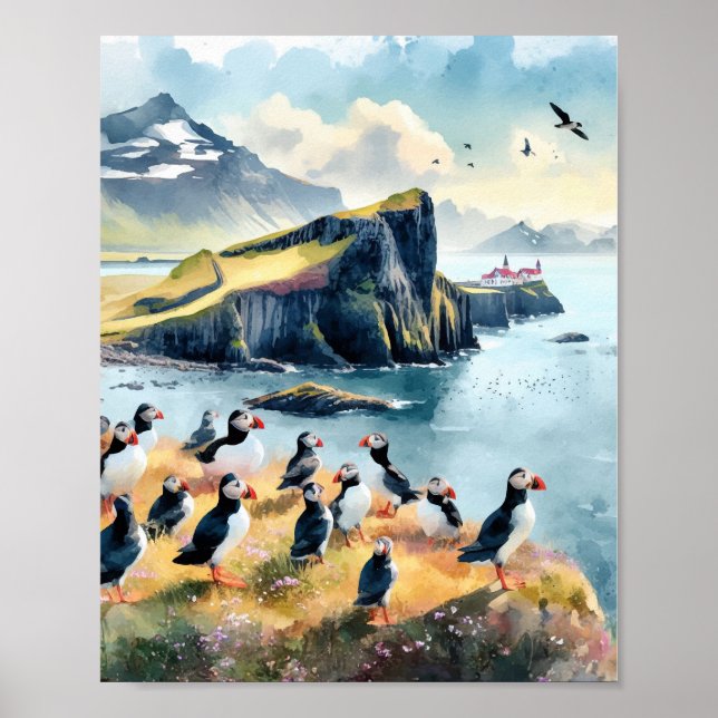 Poster Aquarelle Vik Islande Puffins (Devant)