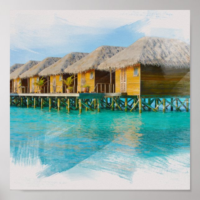 Poster Aquarelle Villa aux Maldives Peinture sur l'île (Devant)
