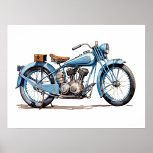 Poster Aquarelle Vintage Blue Classic Motorcycle