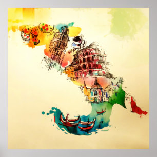 Poster Aquarelle vintage d'amour de voyage de ville de