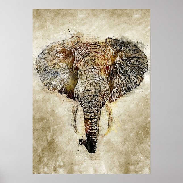 Poster Aquarelle Vintage Grunge Peinture de l'éléphant (Devant)