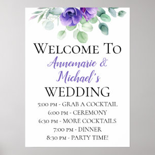 Poster Aquarelle violet Anémones Mariage Bienvenue