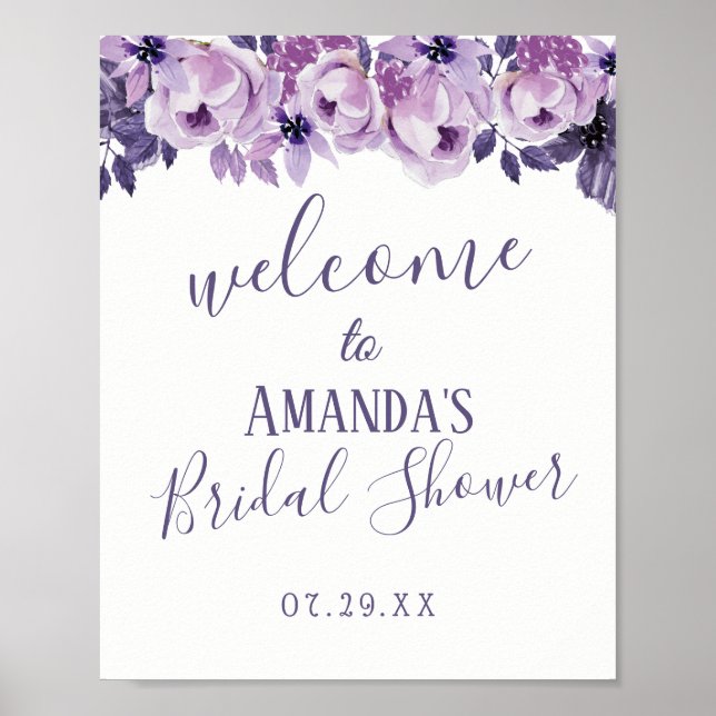Poster Aquarelle violet Fête des mariées florale Bienvenu (Devant)
