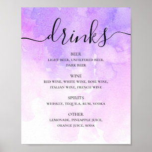 Poster Aquarelle violet script lilas mariage bar boissons