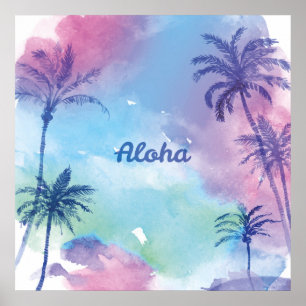 Poster Aquarelle violette Hawaii Paysage