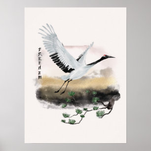 Poster Aquarelle Volant Crane Pine Liberté Art Japonais
